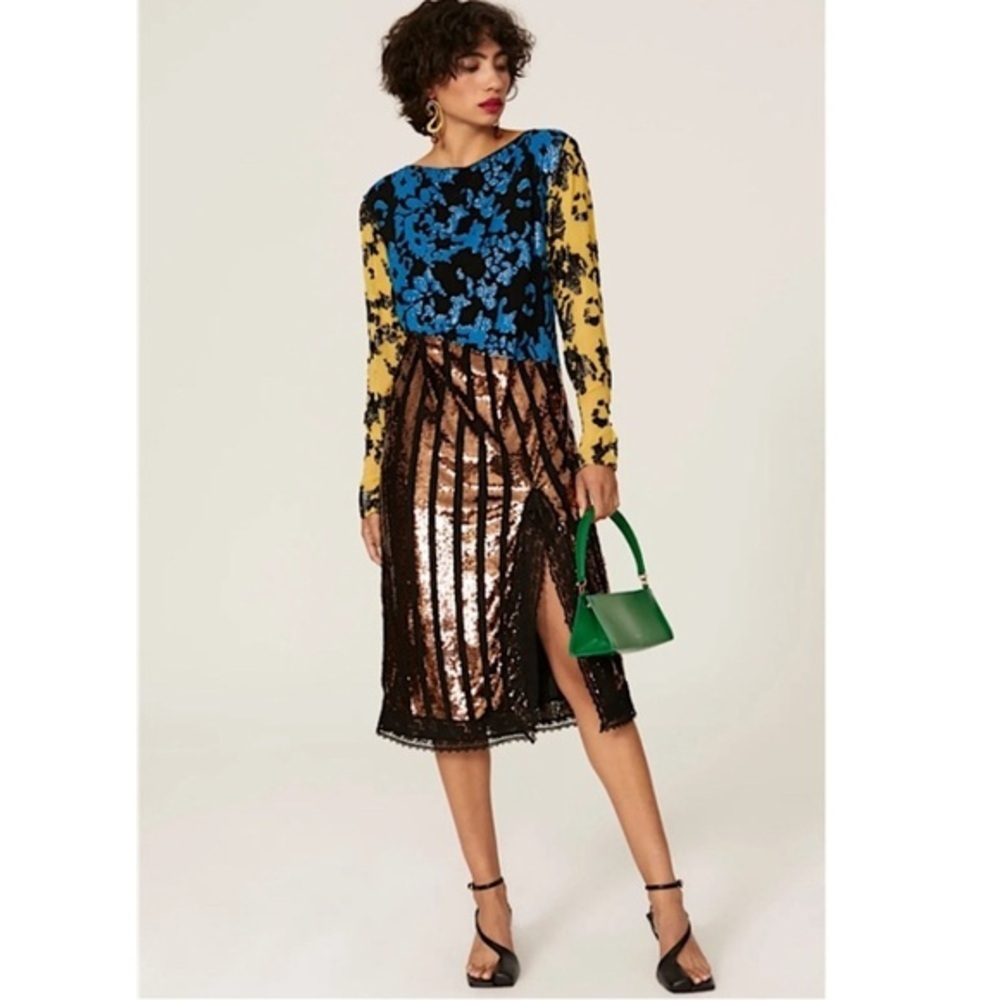 Rachel Comey “Dancando” Floral and Sequin Dress yellow blue black gold